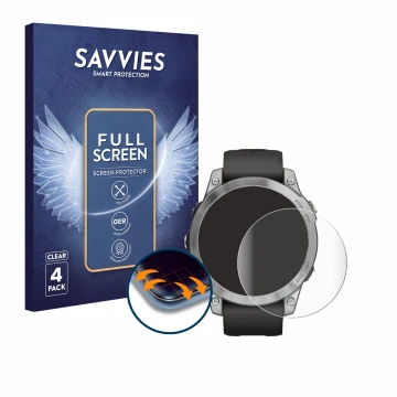 Face avant d’un emballage produit avec le logo de la marque Savvies. À côté, l’appareil Garmin Fenix 7 (47 mm) est représenté 