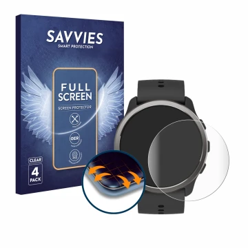 Face avant d’un emballage produit avec le logo de la marque Savvies. À côté, l’appareil Suunto 5 Peak est représenté avec la p