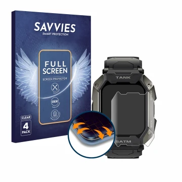 Face avant d’un emballage produit avec le logo de la marque Savvies. À côté, l’appareil Kospet Tank M1 est représenté avec la 