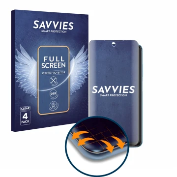 Face avant d’un emballage produit avec le logo de la marque Savvies. À côté, l’appareil Xiaomi Redmi 10 (2022) est représenté 