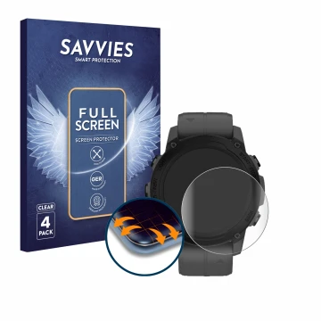 Face avant d’un emballage produit avec le logo de la marque Savvies. À côté, l’appareil Garmin Descent G1 est représenté avec 