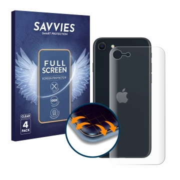 Face avant d’un emballage produit avec le logo de la marque Savvies. À côté, l’appareil Apple iPhone SE 3 2022 (Arrière) est r