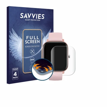 Face avant d’un emballage produit avec le logo de la marque Savvies. À côté, l’appareil DCU Tecnologic Smartwatch Curved Glass