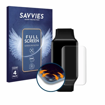 Face avant d’un emballage produit avec le logo de la marque Savvies. À côté, l’appareil Oppo Watch Free est représenté avec la