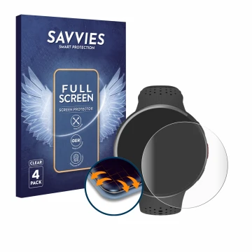 Face avant d’un emballage produit avec le logo de la marque Savvies. À côté, l’appareil Polar Pacer Pro est représenté avec la