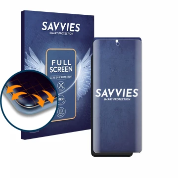 Face avant d’un emballage produit avec le logo de la marque Savvies. À côté, l’appareil Motorola Edge 30 est représenté avec l
