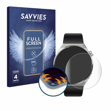 Face avant d’un emballage produit avec le logo de la marque Savvies. À côté, l’appareil Huawei Watch GT 3 Pro Titanium (46mm) 