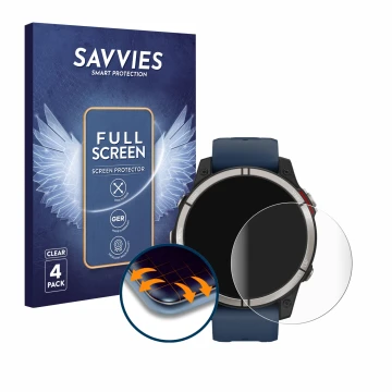 Face avant d’un emballage produit avec le logo de la marque Savvies. À côté, l’appareil Garmin quatix 7 est représenté avec la