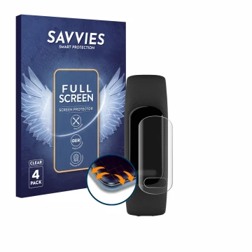 Face avant d’un emballage produit avec le logo de la marque Savvies. À côté, l’appareil Garmin Vivosmart 5 est représenté avec
