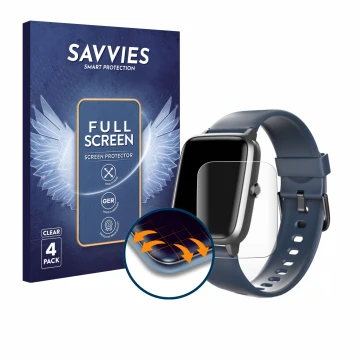 Face avant d’un emballage produit avec le logo de la marque Savvies. À côté, l’appareil Hama Fit Watch 4900 est représenté ave