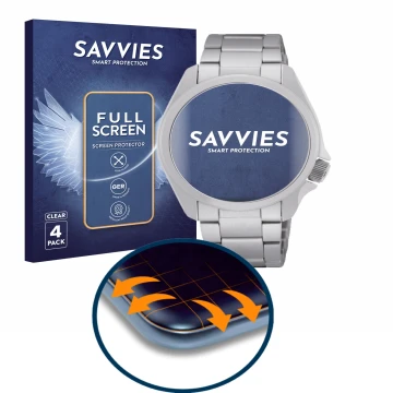 Face avant d’un emballage produit avec le logo de la marque Savvies. À côté, l’appareil Seiko 5 Sports SRPH49K1 est représenté