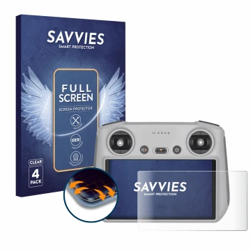 Face avant d’un emballage produit avec le logo de la marque Savvies. À côté, l’appareil DJI RC Controller est représenté avec 