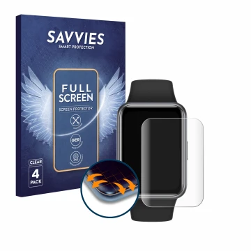 Face avant d’un emballage produit avec le logo de la marque Savvies. À côté, l’appareil Huawei Watch Fit 2 est représenté avec