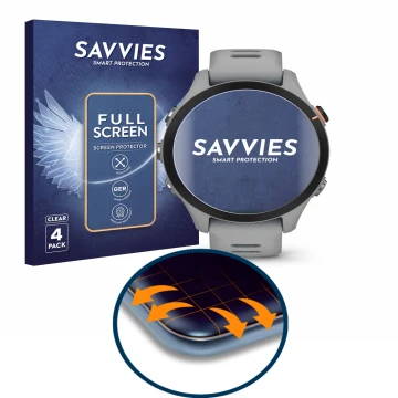 Face avant d’un emballage produit avec le logo de la marque Savvies. À côté, l’appareil Garmin Forerunner 255S est représenté 