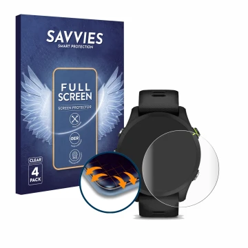 Face avant d’un emballage produit avec le logo de la marque Savvies. À côté, l’appareil Garmin Forerunner 255 Music est représ