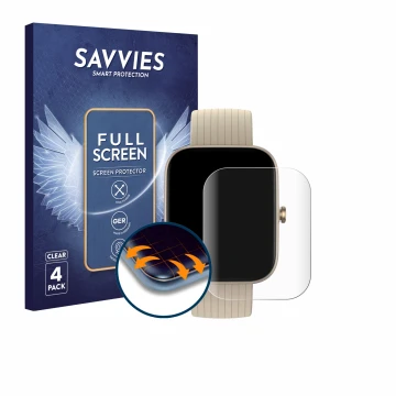 Face avant d’un emballage produit avec le logo de la marque Savvies. À côté, l’appareil Huami Amazfit Bip 3 Pro est représenté