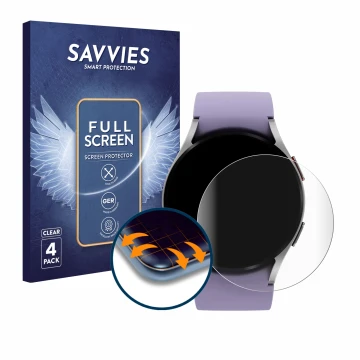 Face avant d’un emballage produit avec le logo de la marque Savvies. À côté, l’appareil Samsung Galaxy Watch 5 (40mm) est repr