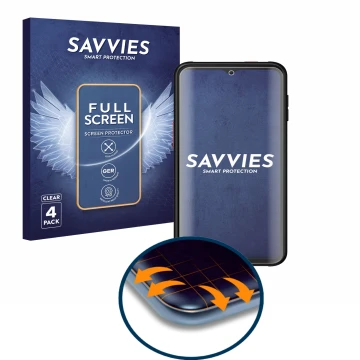Face avant d’un emballage produit avec le logo de la marque Savvies. À côté, l’appareil Samsung Galaxy Xcover 6 Pro est représ