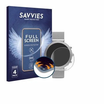 Face avant d’un emballage produit avec le logo de la marque Savvies. À côté, l’appareil Fossil Stella (6. Gen) est représenté 
