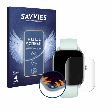 Face avant d’un emballage produit avec le logo de la marque Savvies. À côté, l’appareil Huami Amazfit GTS 4 Mini est représent