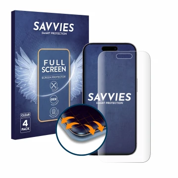 Face avant d’un emballage produit avec le logo de la marque Savvies. À côté, l’appareil Apple iPhone 14 Pro est représenté ave
