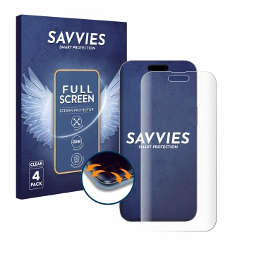 Face avant d’un emballage produit avec le logo de la marque Savvies. À côté, l’appareil Apple iPhone 14 Pro Max est représenté
