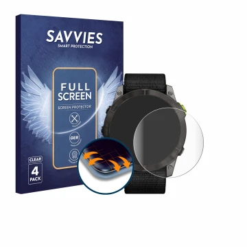Face avant d’un emballage produit avec le logo de la marque Savvies. À côté, l’appareil Garmin Enduro 2 est représenté avec la