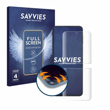 Face avant d’un emballage produit avec le logo de la marque Savvies. À côté, l’appareil Samsung Galaxy Z Flip 4 est représenté
