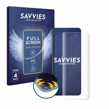 Face avant d’un emballage produit avec le logo de la marque Savvies. À côté, l’appareil Samsung Galaxy Z Fold 4 est représenté