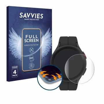 Face avant d’un emballage produit avec le logo de la marque Savvies. À côté, l’appareil Samsung Galaxy Watch 5 Pro est représe