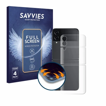 Face avant d’un emballage produit avec le logo de la marque Savvies. À côté, l’appareil Samsung Galaxy Z Flip 4 (Arrière) est 