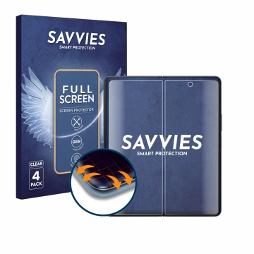 Face avant d’un emballage produit avec le logo de la marque Savvies. À côté, l’appareil Samsung Galaxy Z Fold 4 (Affichage int