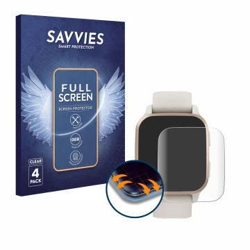 Face avant d’un emballage produit avec le logo de la marque Savvies. À côté, l’appareil Garmin Venu Sq 2 Music est représenté 