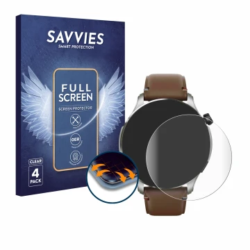 Face avant d’un emballage produit avec le logo de la marque Savvies. À côté, l’appareil Huami Amazfit GTR 4 est représenté ave