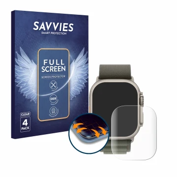 Face avant d’un emballage produit avec le logo de la marque Savvies. À côté, l’appareil Apple Watch Ultra (49 mm) est représen