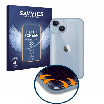 Face avant d’un emballage produit avec le logo de la marque Savvies. À côté, l’appareil Apple iPhone 14 (Arrière) est représen