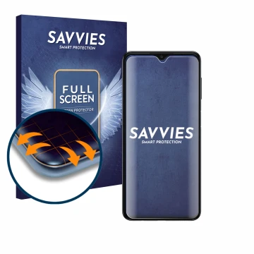Face avant d’un emballage produit avec le logo de la marque Savvies. À côté, l’appareil Samsung Galaxy A04s est représenté ave