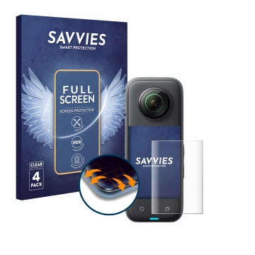 Face avant d’un emballage produit avec le logo de la marque Savvies. À côté, l’appareil Insta360 X3 est représenté avec la pro
