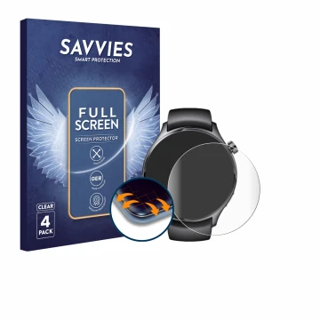 Face avant d’un emballage produit avec le logo de la marque Savvies. À côté, l’appareil Xiaomi Watch S1 Pro est représenté ave