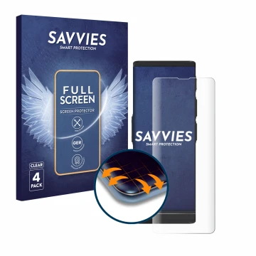 Face avant d’un emballage produit avec le logo de la marque Savvies. À côté, l’appareil Vasco Translator V4 est représenté ave