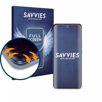 Face avant d’un emballage produit avec le logo de la marque Savvies. À côté, l’appareil Xiaomi 12T Pro est représenté avec la 