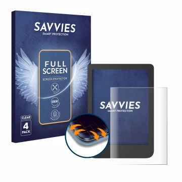 Face avant d’un emballage produit avec le logo de la marque Savvies. À côté, l’appareil Tolino Shine 4 est représenté avec la 
