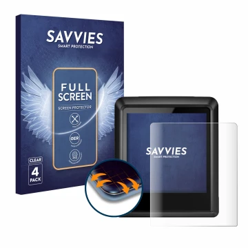 Face avant d’un emballage produit avec le logo de la marque Savvies. À côté, l’appareil Bosch Intuvia 100 est représenté avec 
