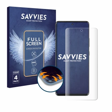 Face avant d’un emballage produit avec le logo de la marque Savvies. À côté, l’appareil Motorola Edge 30 Fusion est représenté