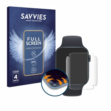 Face avant d’un emballage produit avec le logo de la marque Savvies. À côté, l’appareil Apple Watch SE 2022 (44 mm) est représ