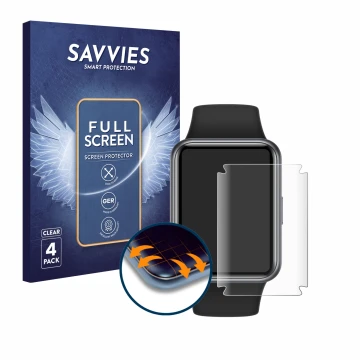 Face avant d’un emballage produit avec le logo de la marque Savvies. À côté, l’appareil Huawei Watch Fit 2 Active Edition est 