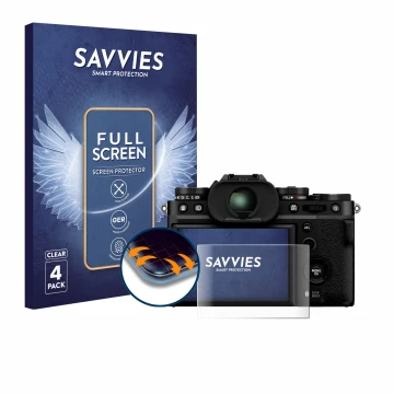 Face avant d’un emballage produit avec le logo de la marque Savvies. À côté, l’appareil Fujifilm X-T5 est représenté avec la p