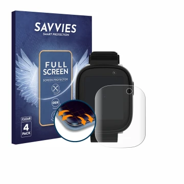 Face avant d’un emballage produit avec le logo de la marque Savvies. À côté, l’appareil Xplora X6 Play 2022 (1ère génération) 