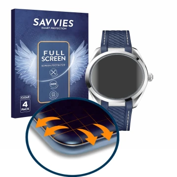 Face avant d’un emballage produit avec le logo de la marque Savvies. À côté, l’appareil Omega Seamaster AQUA TERRA 150 M (41mm