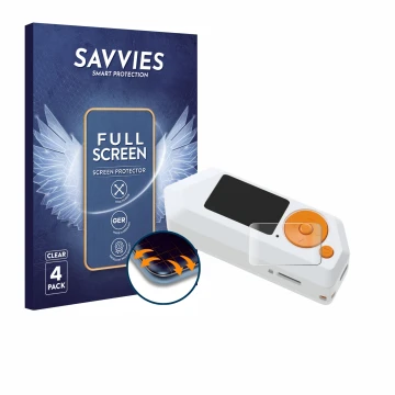 Face avant d’un emballage produit avec le logo de la marque Savvies. À côté, l’appareil Flipper Zero FZ.1 est représenté avec 